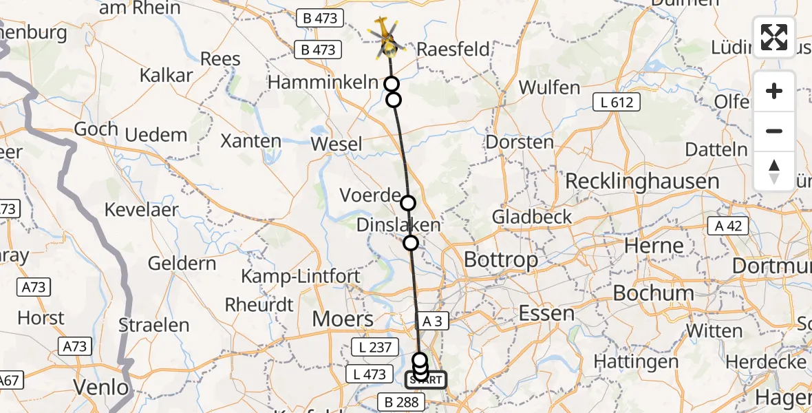 Flugroute Rettungshubschrauber Duisburg Air Rescue Hubschrauberlandeplatz (Christoph 9) - Rhede, 04 Juni 2026, 09:44