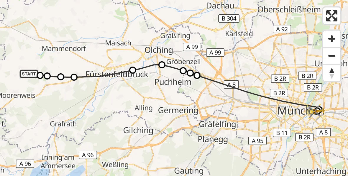 Flugroute Rettungshubschrauber Adelshofen - Rechts der Isar University Hospital, 04 Juni 2026, 09:51