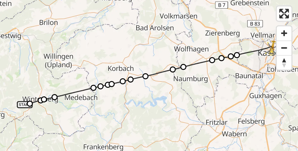 Flugroute Rettungshubschrauber Schmallenberg - Kassel, 04 Juni 2026, 09:54