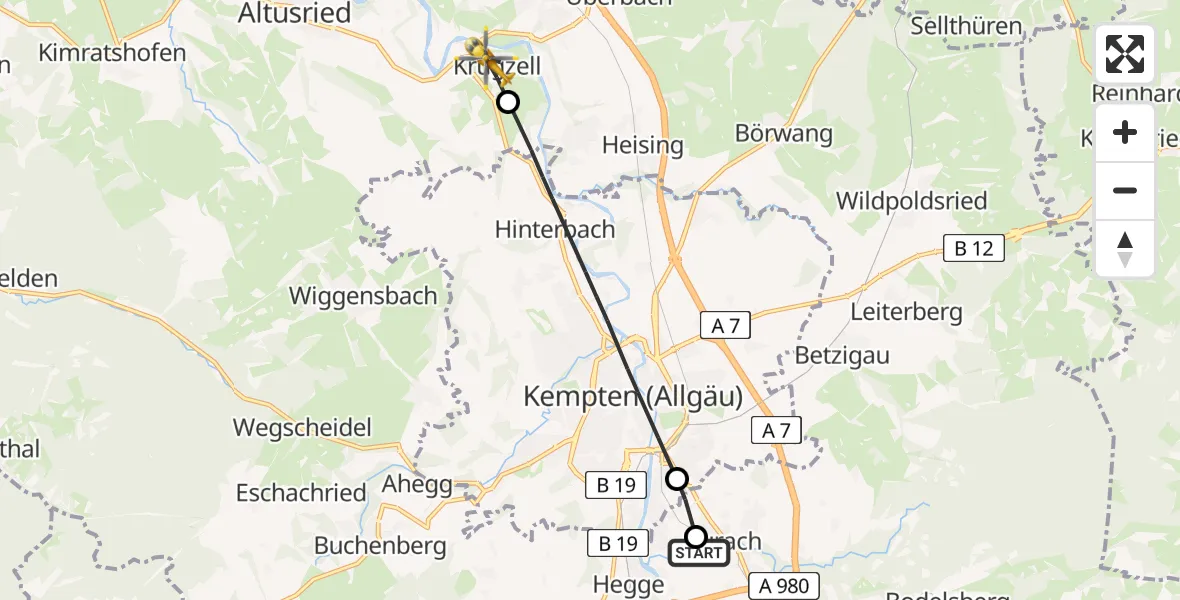Flugroute Rettungshubschrauber Kempten-Durach Flugplatz - Altusried, 04 Juni 2026, 09:58