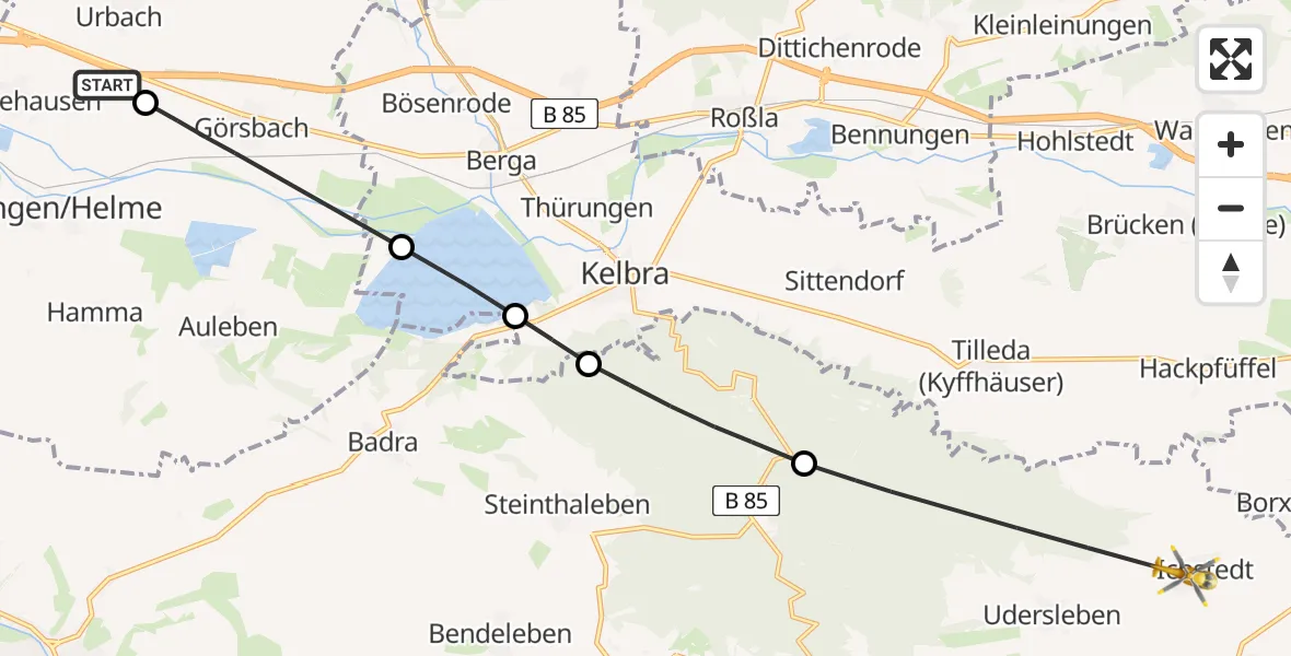 Flugroute Rettungshubschrauber Urbach - Bad Frankenhausen/Kyffhäuser, 04 Juni 2026, 10:02