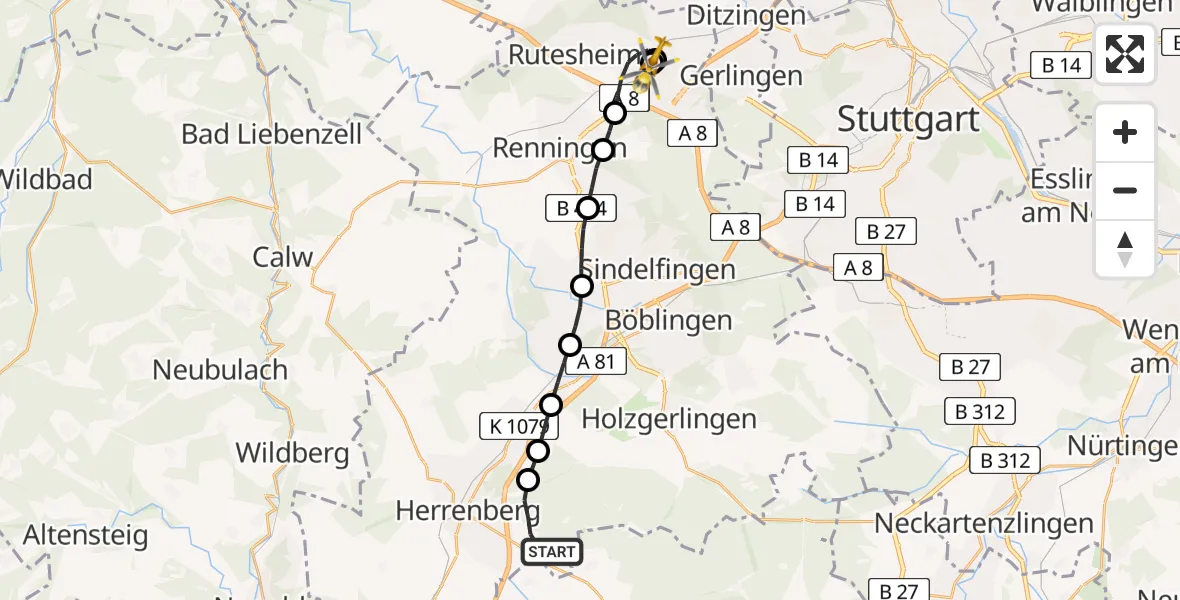 Flugroute Rettungshubschrauber Herrenberg - Leonberg Hospital, 04 Juni 2026, 10:12