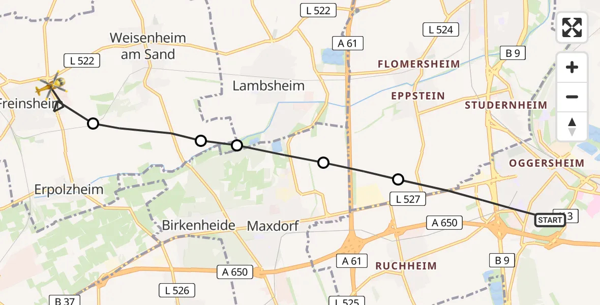 Flugroute Rettungshubschrauber Ludwigshafen am Rhein - Freinsheim, 04 Juni 2026, 10:20