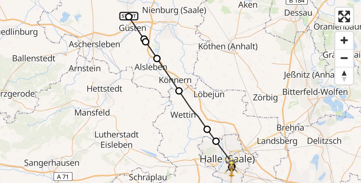 Flugroute Rettungshubschrauber Staßfurt - BG Hospital Bergmannstrost Halle, 04 Juni 2026, 10:21