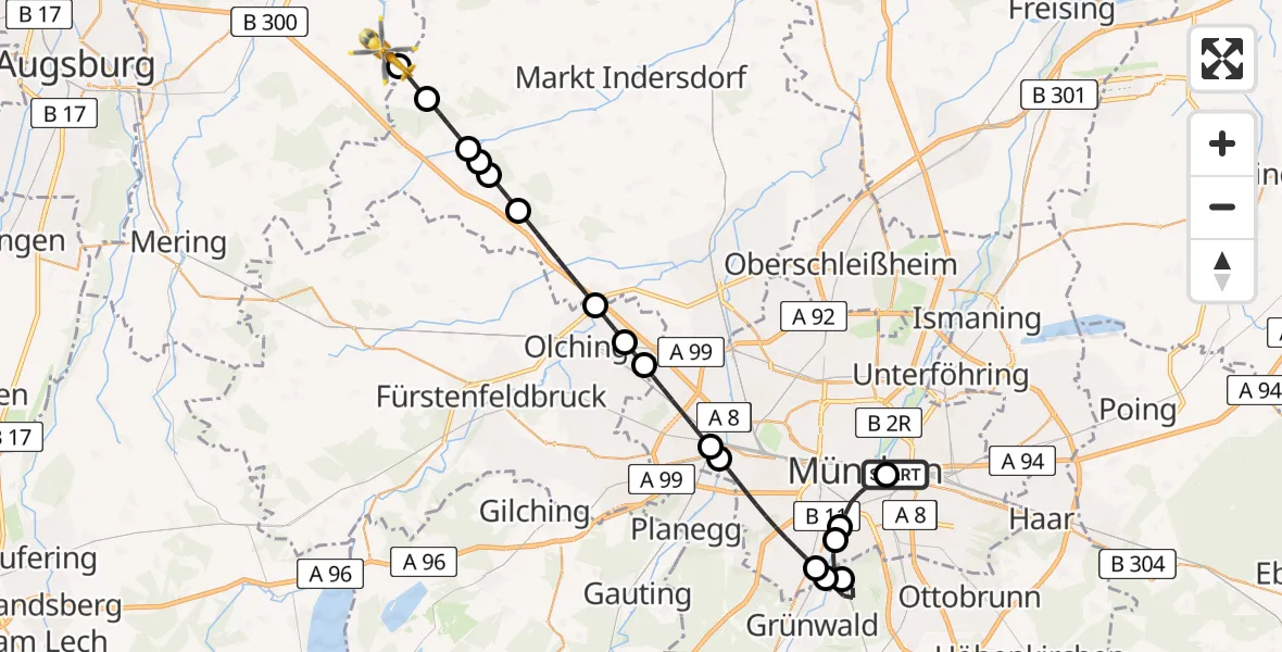 Flugroute Rettungshubschrauber Rechts der Isar University Hospital - Sielenbach, 04 Juni 2026, 10:23