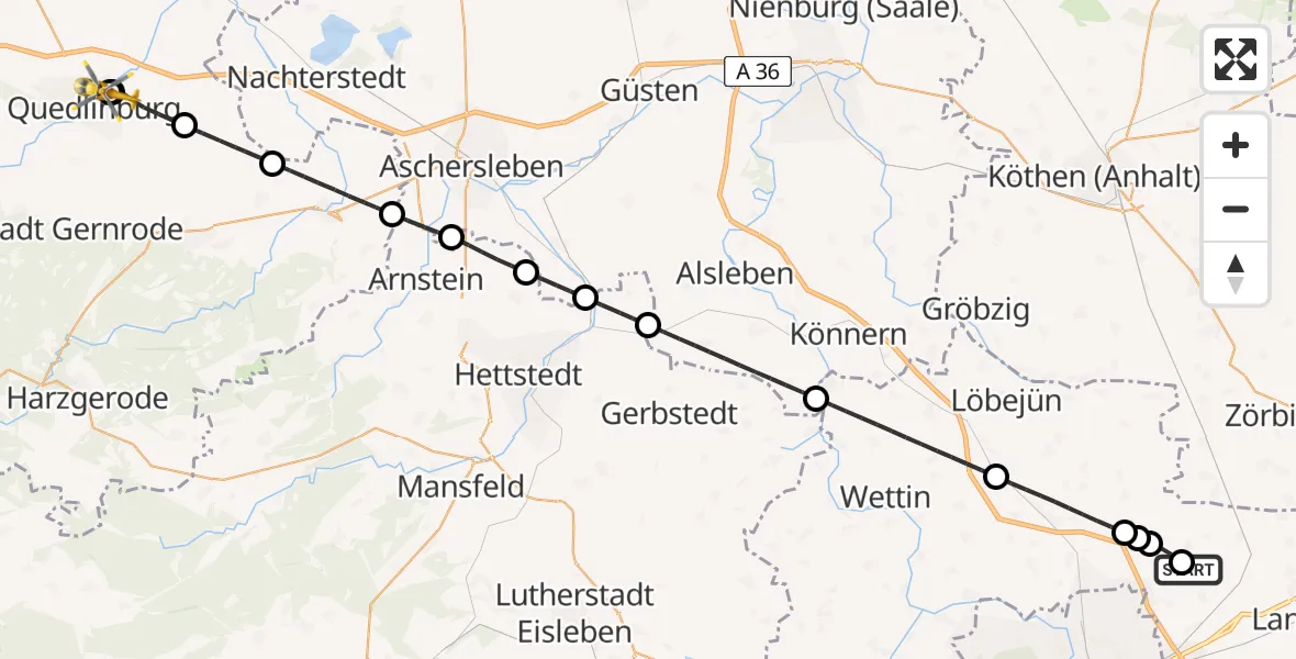 Flugroute Rettungshubschrauber Halle-Oppin Flugplatz - Harz Hospital Quedlinburg, 04 Juni 2026, 10:24