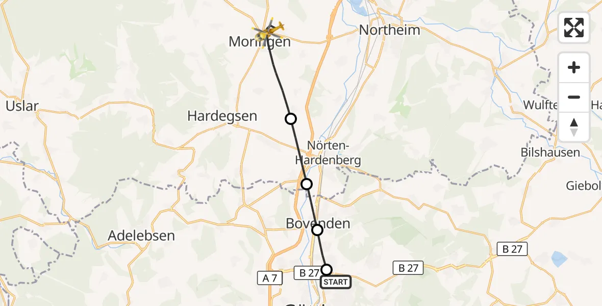 Flugroute Rettungshubschrauber Göttingen University Clinic Hubschrauberlandeplatz - Moringen, 04 Juni 2026, 10:25