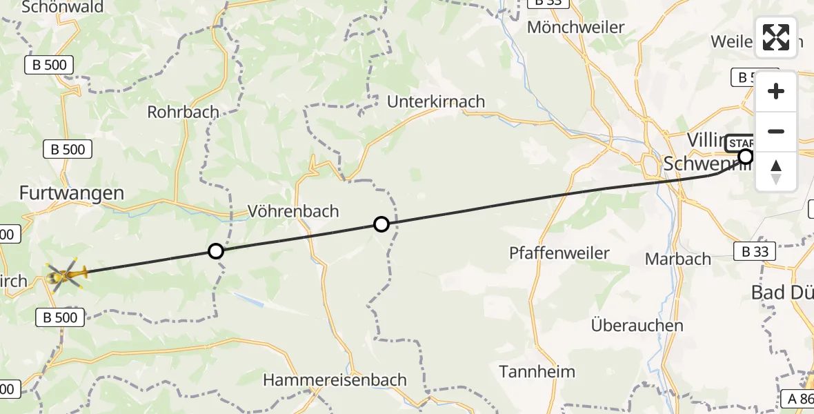 Flugroute Ambulanzhubschrauber DRF Air Rescue Station Villingen-Schwenningen Hubschrauberlandeplatz (Christoph 11) - Furtwangen im Schwarzwald, 04 Juni 2026, 10:34
