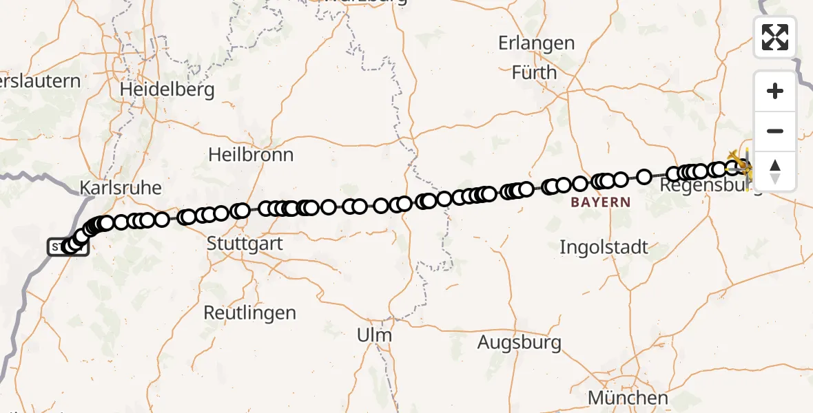 Flugroute Ambulanzhubschrauber Karlsruhe Baden-Baden Flughafen - Altenthann, 04 Juni 2026, 10:45