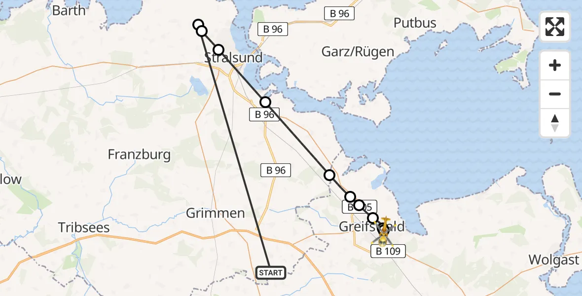 Flugroute Rettungshubschrauber Süderholz - Greifswald Hospital, 04 Juni 2026, 11:05