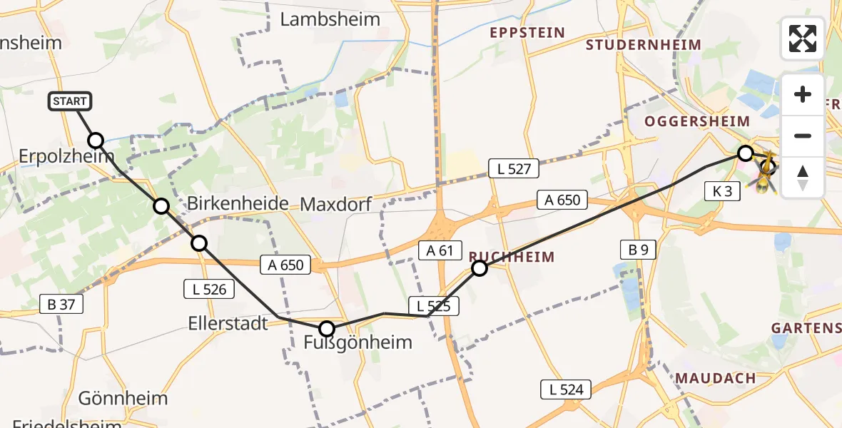 Flugroute Rettungshubschrauber Freinsheim - Ludwigshafen Accident Hospital, 04 Juni 2026, 11:06