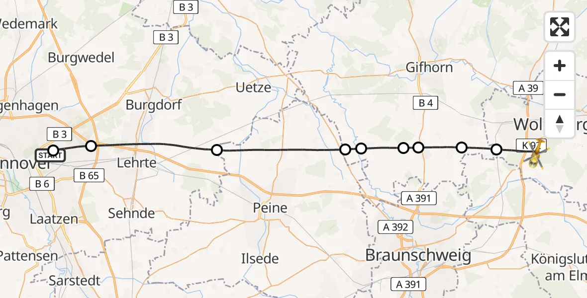 Flugroute Rettungshubschrauber Hannover Luftrettung Hubschrauberlandeplatz (Christoph 4) - Wolfsburg, 04 Juni 2026, 11:08