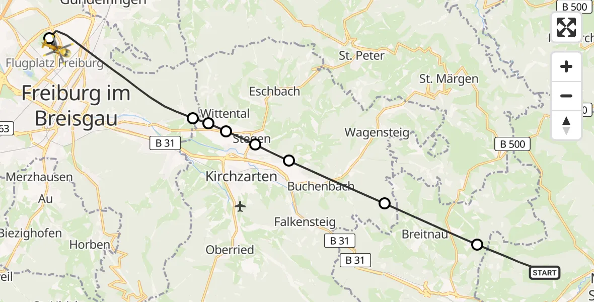Flugroute Rettungshubschrauber Titisee-Neustadt - Freiburg im Breisgau Flugplatz, 04 Juni 2026, 11:10