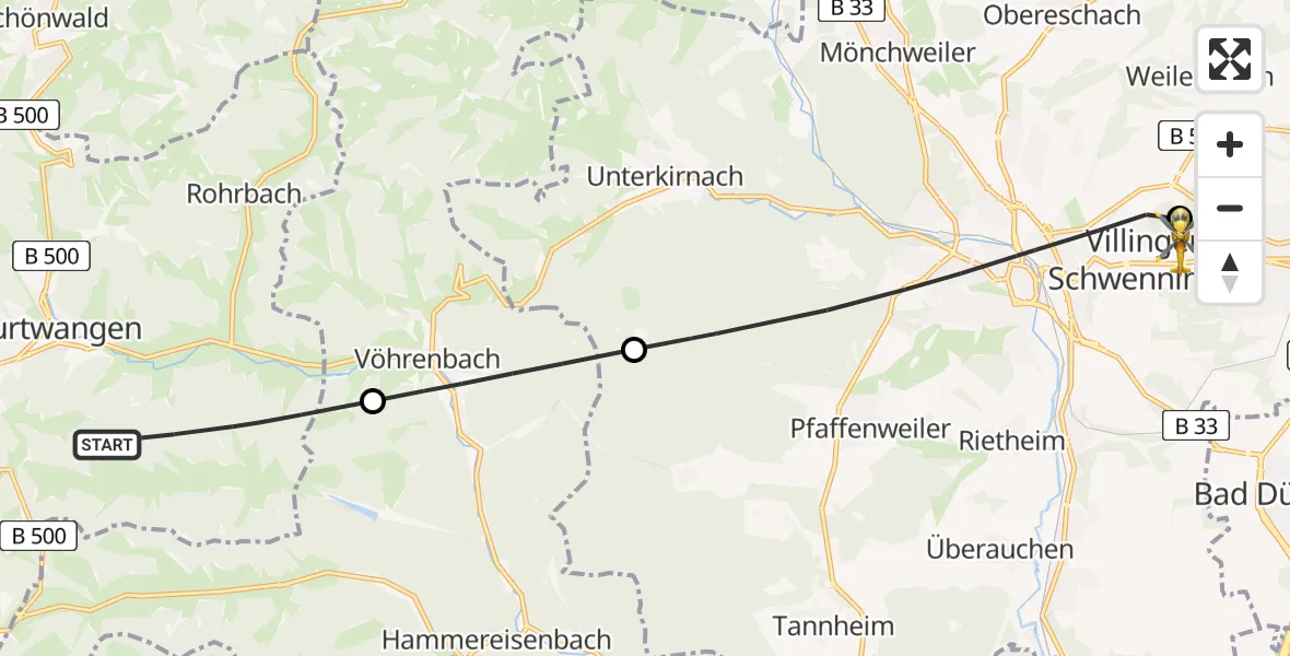 Flugroute Ambulanzhubschrauber Furtwangen im Schwarzwald - DRF Air Rescue Station Villingen-Schwenningen Hubschrauberlandeplatz (Christoph 11), 04 Juni 2026, 11:20