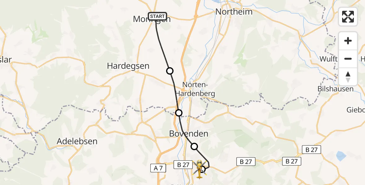Flugroute Rettungshubschrauber Moringen - Göttingen University Clinic Hubschrauberlandeplatz, 04 Juni 2026, 11:32