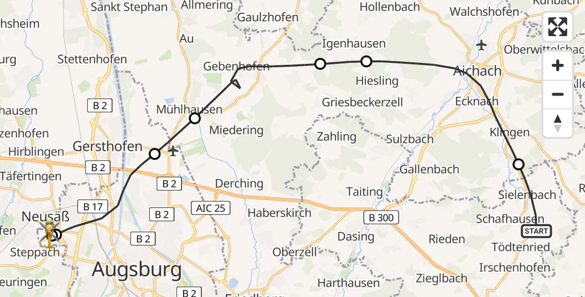 Flugroute Rettungshubschrauber Sielenbach - Augsburg University Hospital, 04 Juni 2026, 11:33