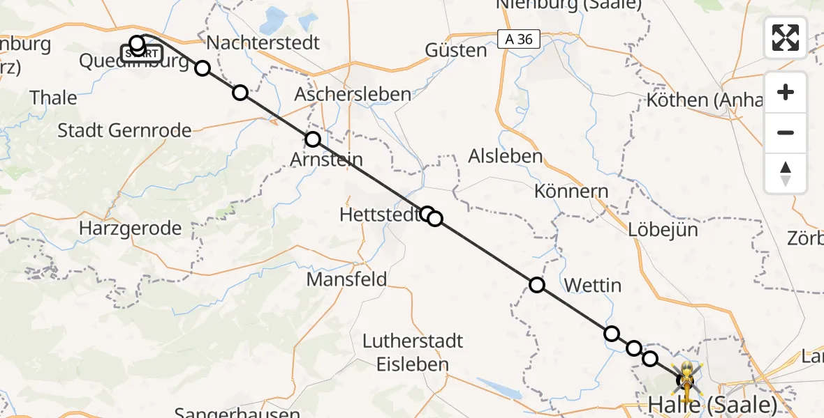 Flugroute Rettungshubschrauber Harz Hospital Quedlinburg - Halle (Saale) University Hospital, 04 Juni 2026, 11:45