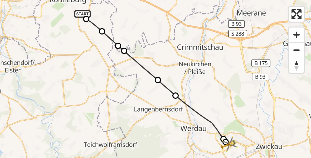 Flugroute Rettungshubschrauber Ronneburg - ADAC Air Rescue Station Zwickau Hubschrauberlandeplatz, 04 Juni 2026, 11:47