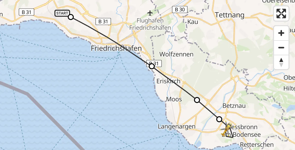 Flugroute Rettungshubschrauber Friedrichshafen Hospital - Kressbronn am Bodensee, 04 Juni 2026, 11:54