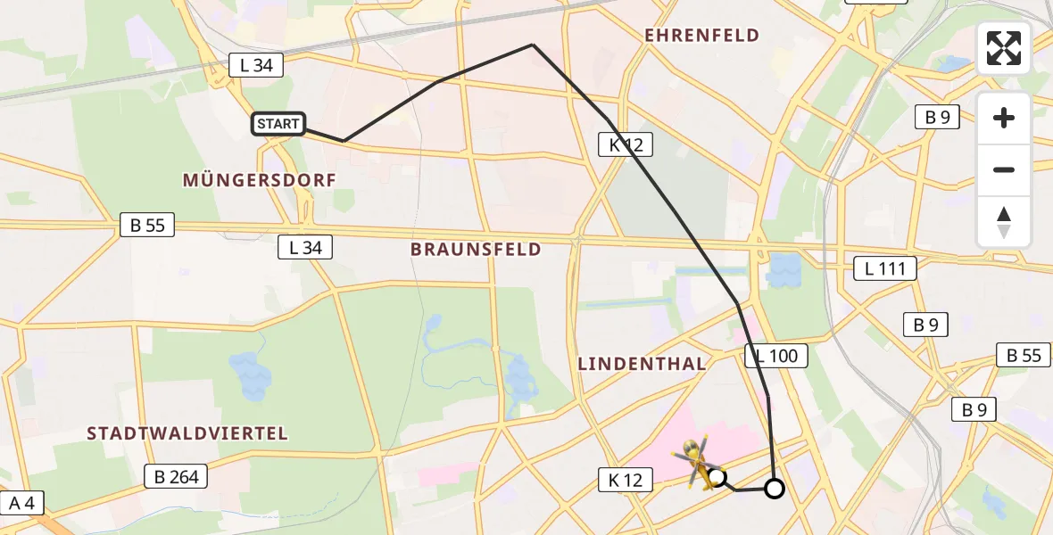 Flugroute Rettungshubschrauber Köln - Köln University Hospital, 04 Juni 2026, 12:00