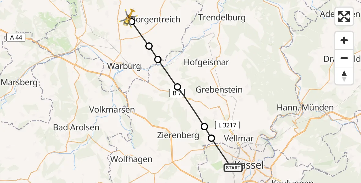 Flugroute Rettungshubschrauber Kassel - Willebadessen, 04 Juni 2026, 12:10