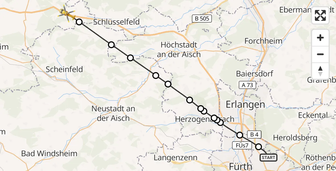 Flugroute Ambulanzhubschrauber Flughafen Nuremberg - Geiselwind, 04 Juni 2026, 12:16