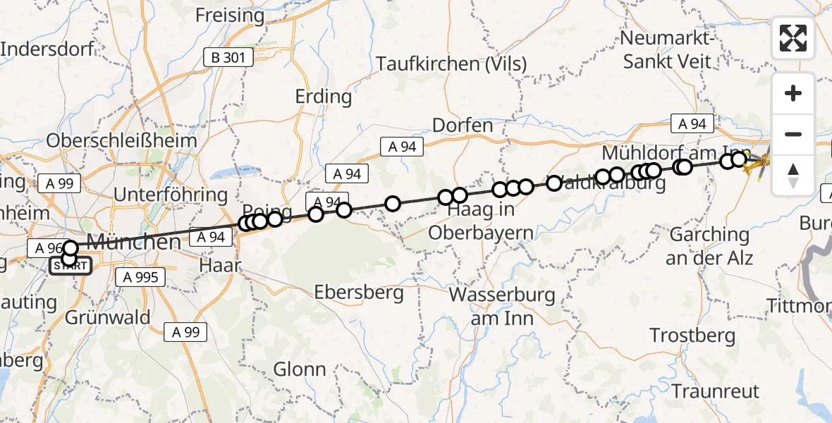 Flugroute Rettungshubschrauber DRF Air Rescue München Hubschrauberlandeplatz - Altötting, 04 Juni 2026, 12:21
