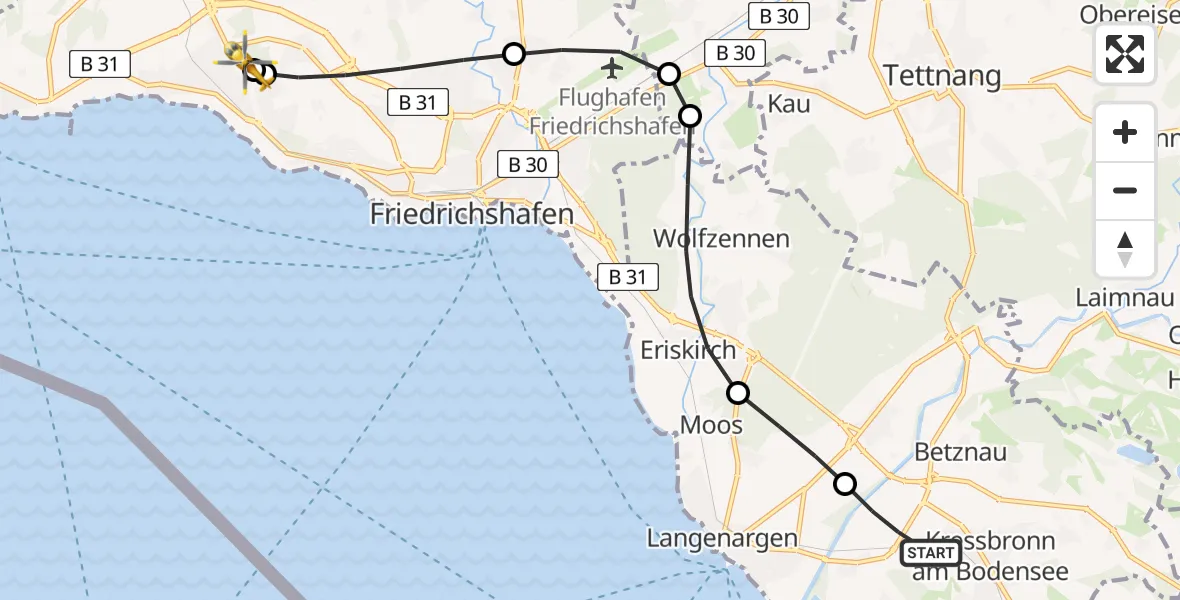 Flugroute Rettungshubschrauber Kressbronn am Bodensee - Friedrichshafen Hospital, 04 Juni 2026, 12:30