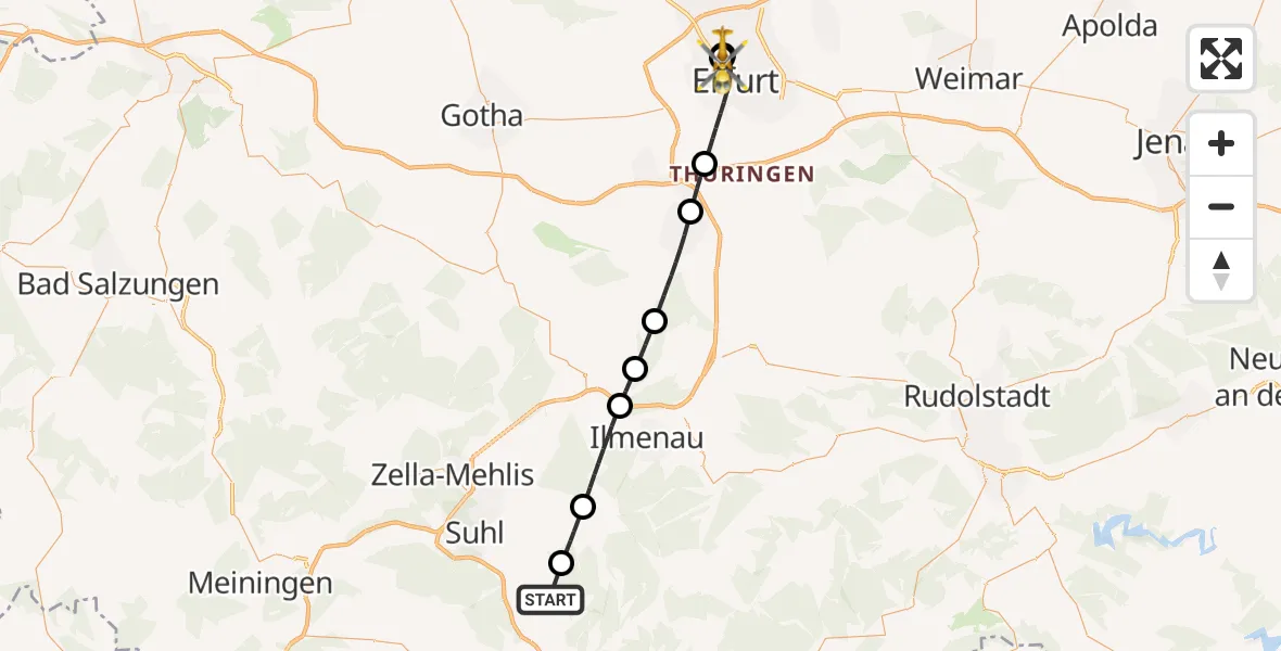 Flugroute Rettungshubschrauber Schleusingen - Helios Clinic Erfurt, 04 Juni 2026, 12:36