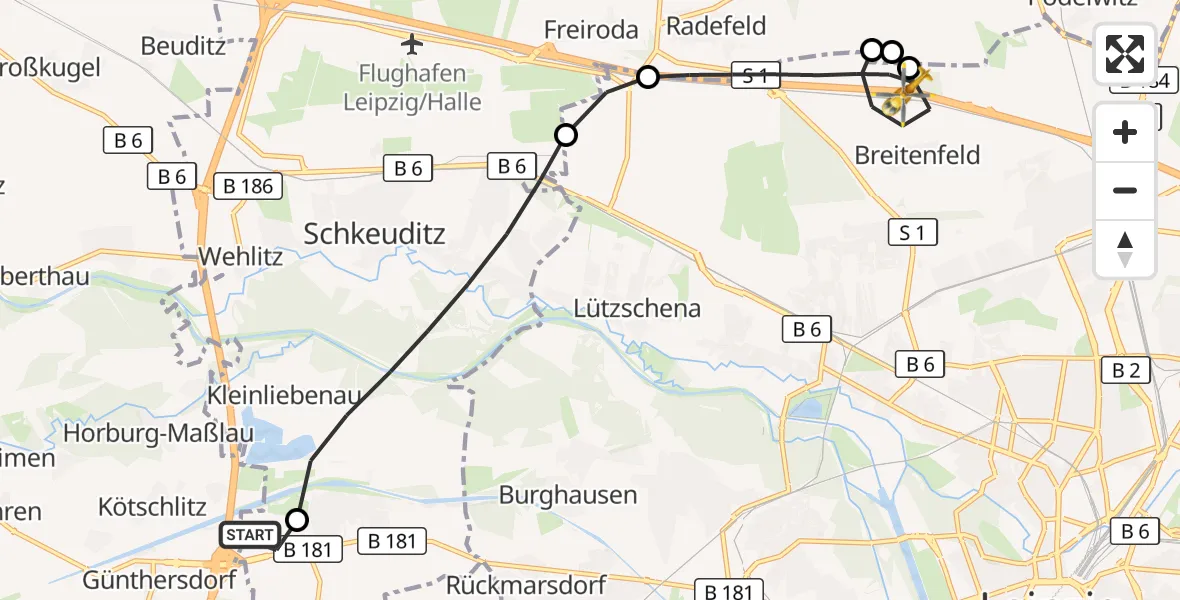 Flugroute Rettungshubschrauber ADAC Air Rescue Station Leipzig/Schkeuditz-Dölzig Hubschrauberlandeplatz (Christoph 61) - Leipzig, 04 Juni 2026, 12:40