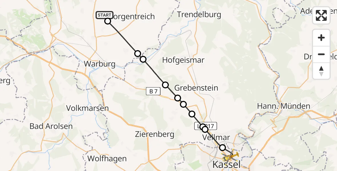 Flugroute Rettungshubschrauber Willebadessen - Kassel, 04 Juni 2026, 12:41