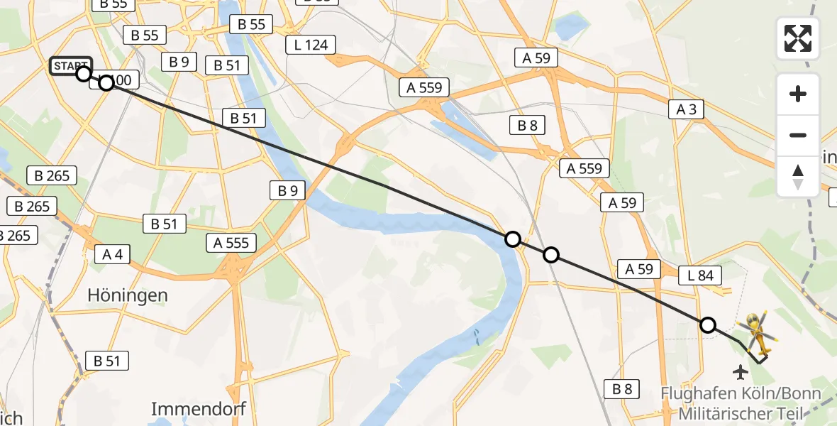 Flugroute Rettungshubschrauber Köln University Hospital - Köln Bonn Flughafen, 04 Juni 2026, 12:45