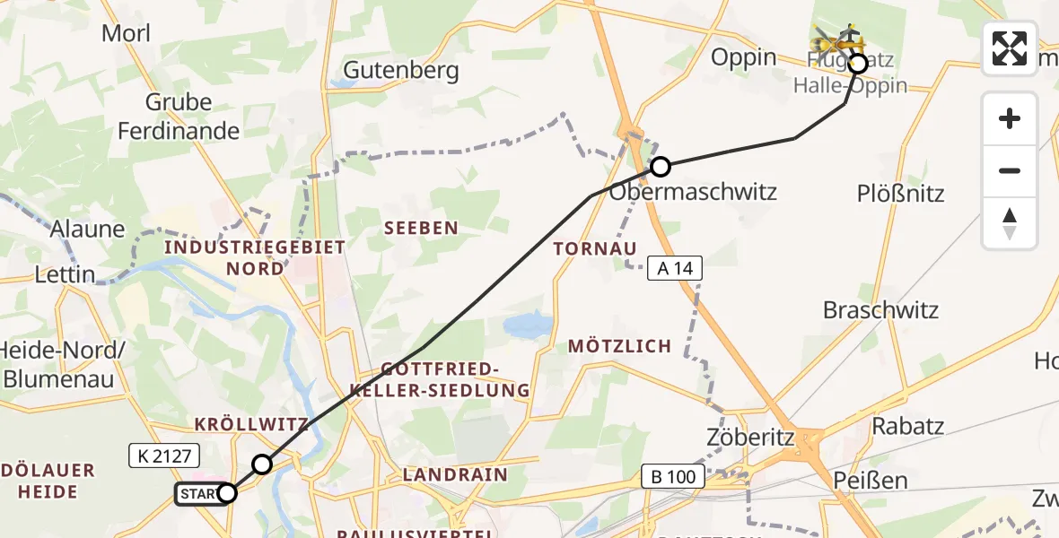 Flugroute Rettungshubschrauber Halle (Saale) University Hospital - Halle-Oppin Flugplatz, 04 Juni 2026, 12:48