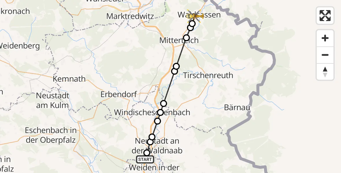 Flugroute Rettungshubschrauber Weiden i.d.OPf. - Waldsassen, 04 Juni 2026, 12:50