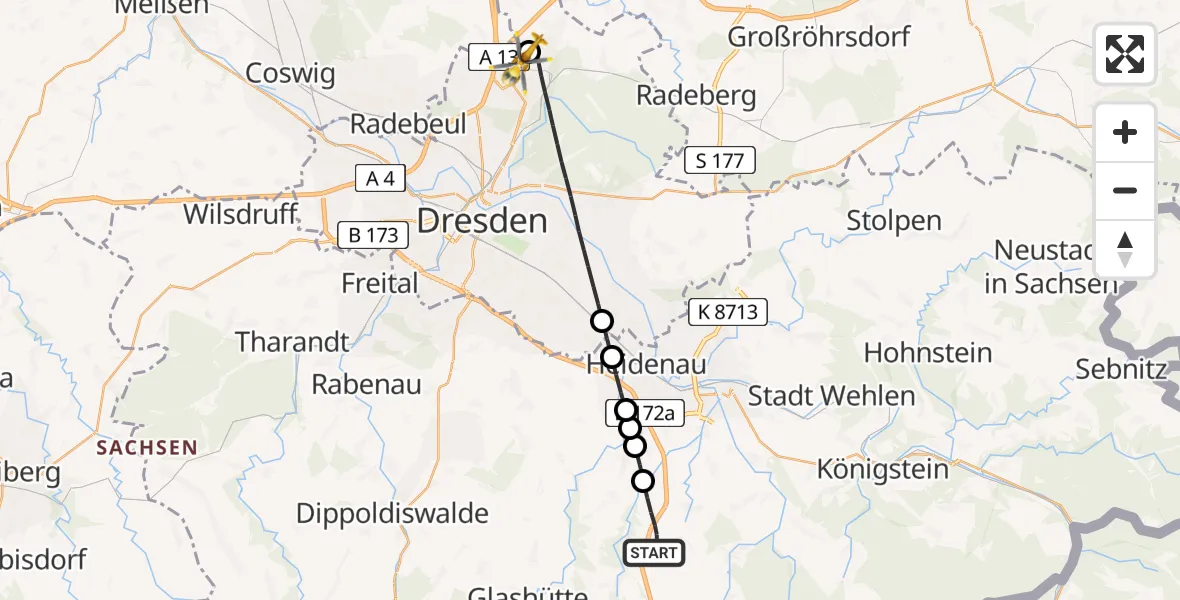 Flugroute Rettungshubschrauber Bahretal - Dresden Bundespolizei Hubschrauberlandeplatz, 04 Juni 2026, 12:52