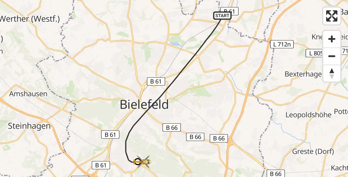 Flugroute Rettungshubschrauber Bielefeld - Luftrettungszentrum Bielefeld, 04 Juni 2026, 12:58