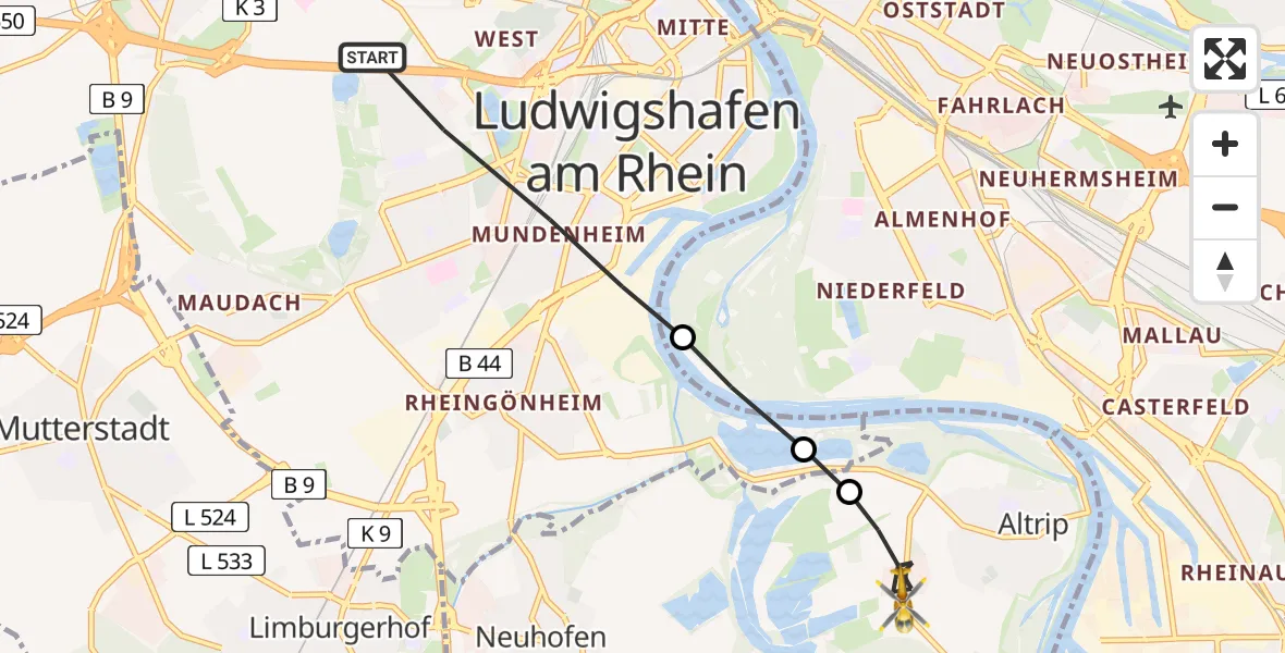 Flugroute Rettungshubschrauber Ludwigshafen am Rhein - Altrip, 04 Juni 2026, 12:58