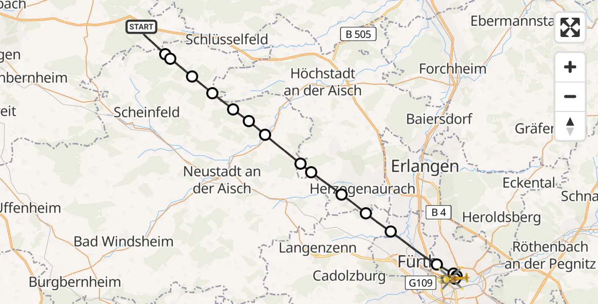 Flugroute Ambulanzhubschrauber Geiselwind - Deutschherrnwiese Hubschrauberlandeplatz, 04 Juni 2026, 13:14