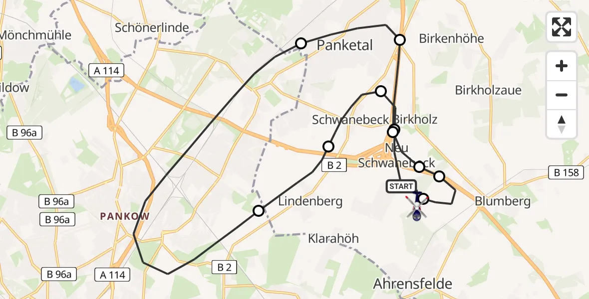 Flugroute Polizeihubschrauber Panketal - Ahrensfelde Hubschrauberlandeplatz, 04 Juni 2026, 13:16