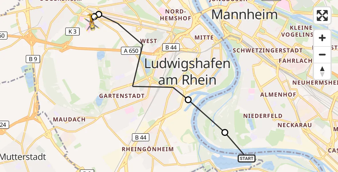 Flugroute Rettungshubschrauber Ludwigshafen am Rhein - Ludwigshafen Accident Hospital, 04 Juni 2026, 13:21