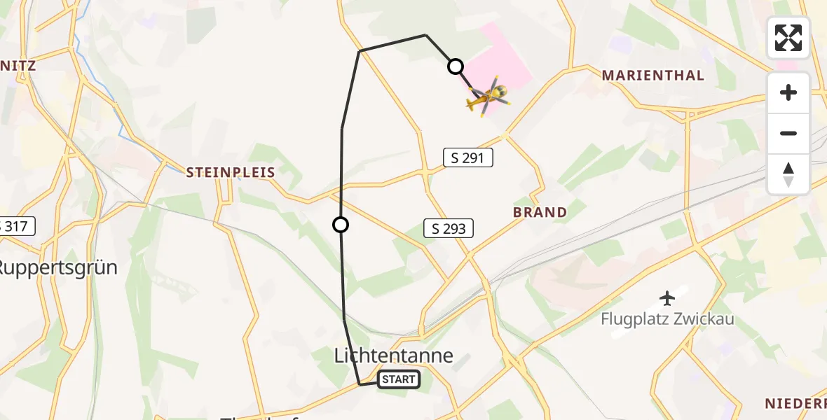 Flugroute Rettungshubschrauber Lichtentanne - ADAC Air Rescue Station Zwickau Hubschrauberlandeplatz, 04 Juni 2026, 13:41
