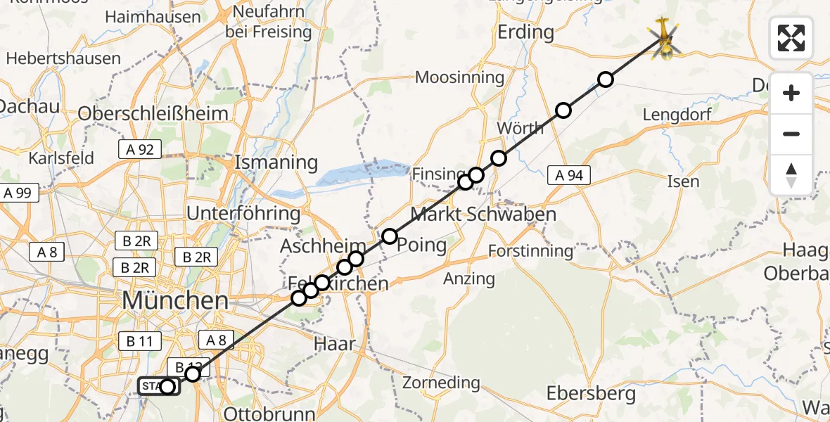 Flugroute Rettungshubschrauber ADAC Air Rescue Center Hubschrauberlandeplatz (Christoph 1) - Bockhorn, 04 Juni 2026, 13:42