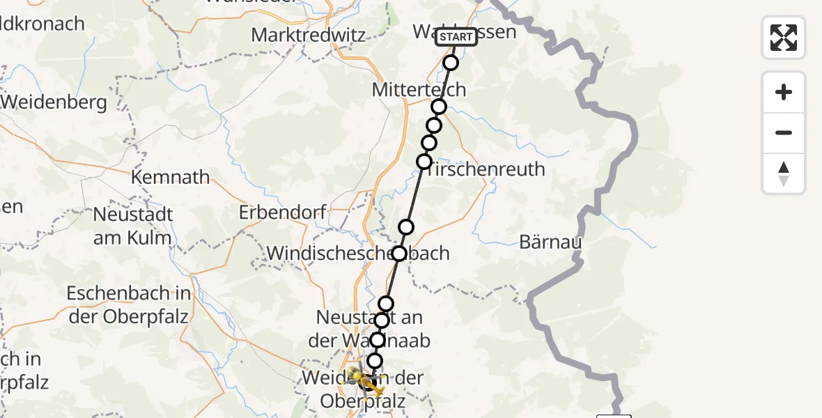 Flugroute Rettungshubschrauber Waldsassen - Weiden Hospital, 04 Juni 2026, 13:44