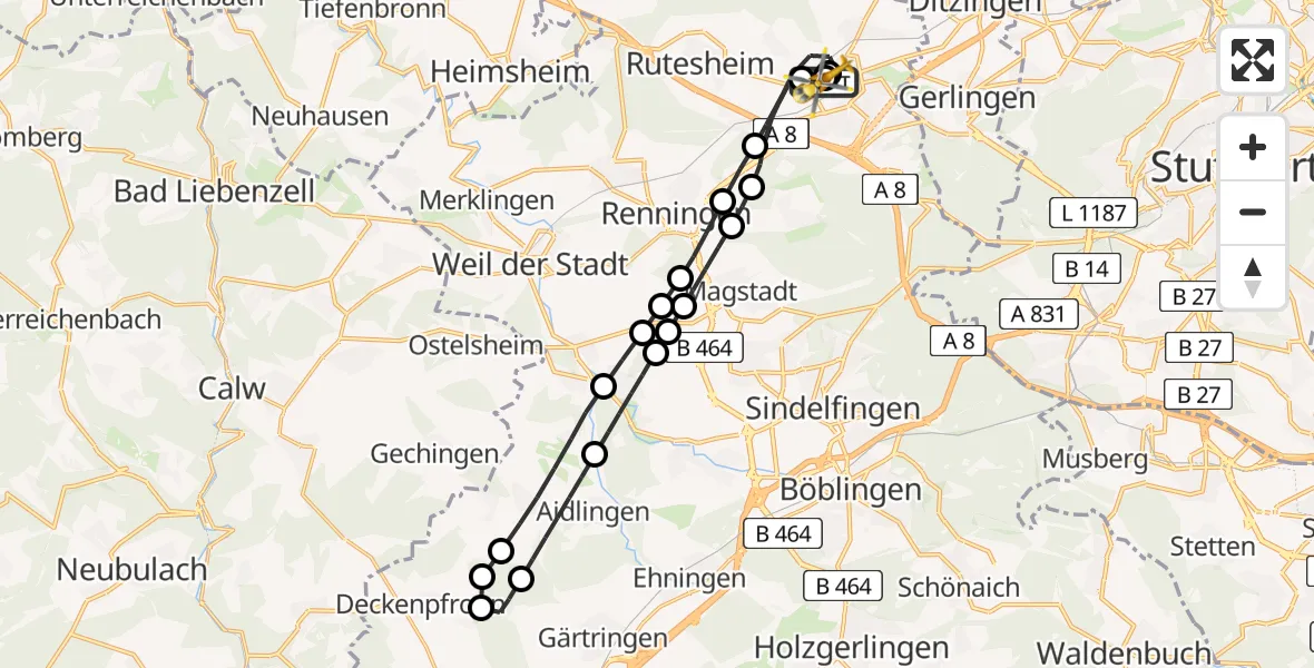 Flugroute Rettungshubschrauber Leonberg Hospital - Leonberg Hospital, 04 Juni 2026, 13:49