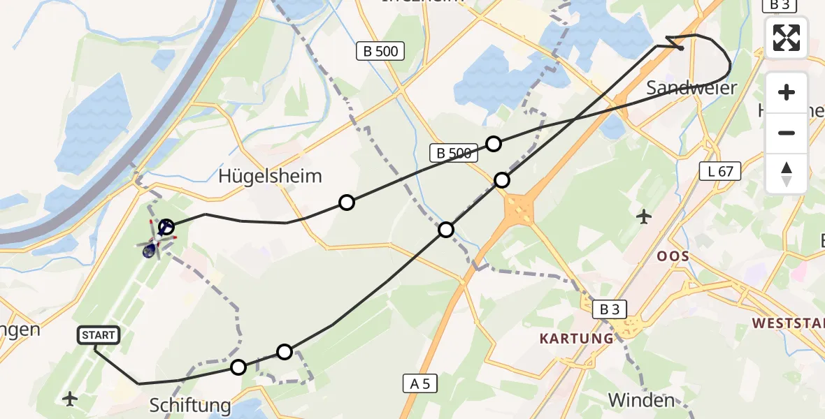 Flugroute Polizeihubschrauber Karlsruhe Baden-Baden Flughafen - Karlsruhe Baden-Baden Flughafen, 04 Juni 2026, 13:51