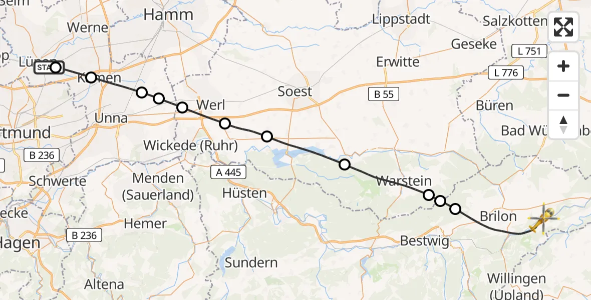 Flugroute Rettungshubschrauber Lünen - Brilon, 04 Juni 2026, 13:54