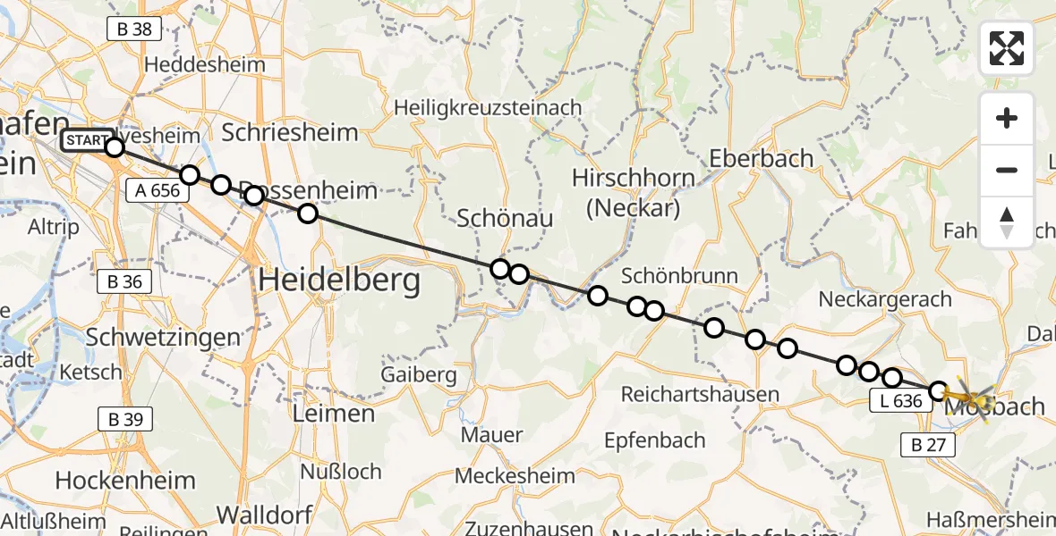 Flugroute Rettungshubschrauber Mannheim-City Flughafen - Mosbach, 04 Juni 2026, 13:54