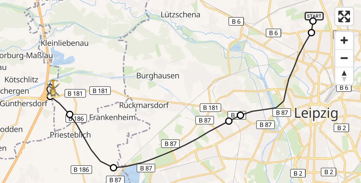 Flugroute Rettungshubschrauber Sankt Georg Hospital Leipzig Reserve - ADAC Air Rescue Station Leipzig/Schkeuditz-Dölzig Hubschrauberlandeplatz (Christoph 61), 04 Juni 2026, 13:59