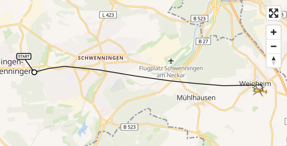 Flugroute Ambulanzhubschrauber DRF Air Rescue Station Villingen-Schwenningen Hubschrauberlandeplatz (Christoph 11) - Villingen-Schwenningen, 04 Juni 2026, 14:07