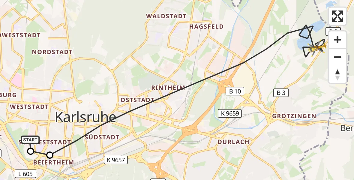 Flugroute Ambulanzhubschrauber Sankt Vincentius Hospital - Karlsruhe, 04 Juni 2026, 14:20